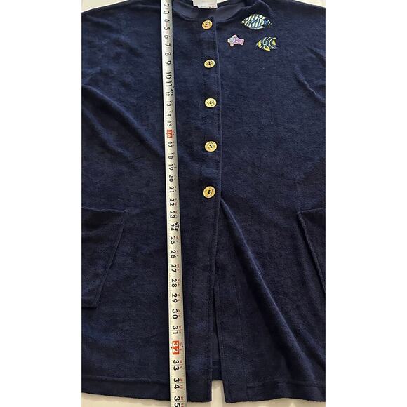 Gloria's Fashions Navy, Terry Cloth, Fish Embroidered, Short Sleeve Robe- M - Picture 8 of 11